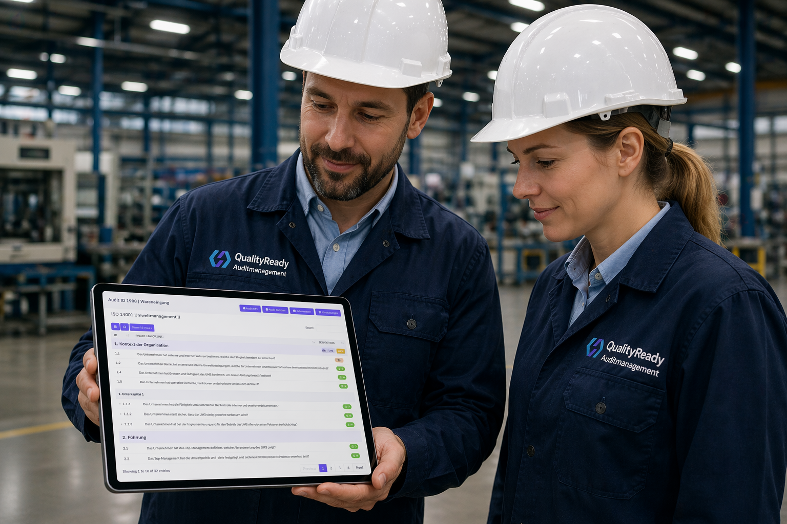 Zwei Auditoren in der Produktion führen ein Audit mobil via Tablet durch – QualityReady