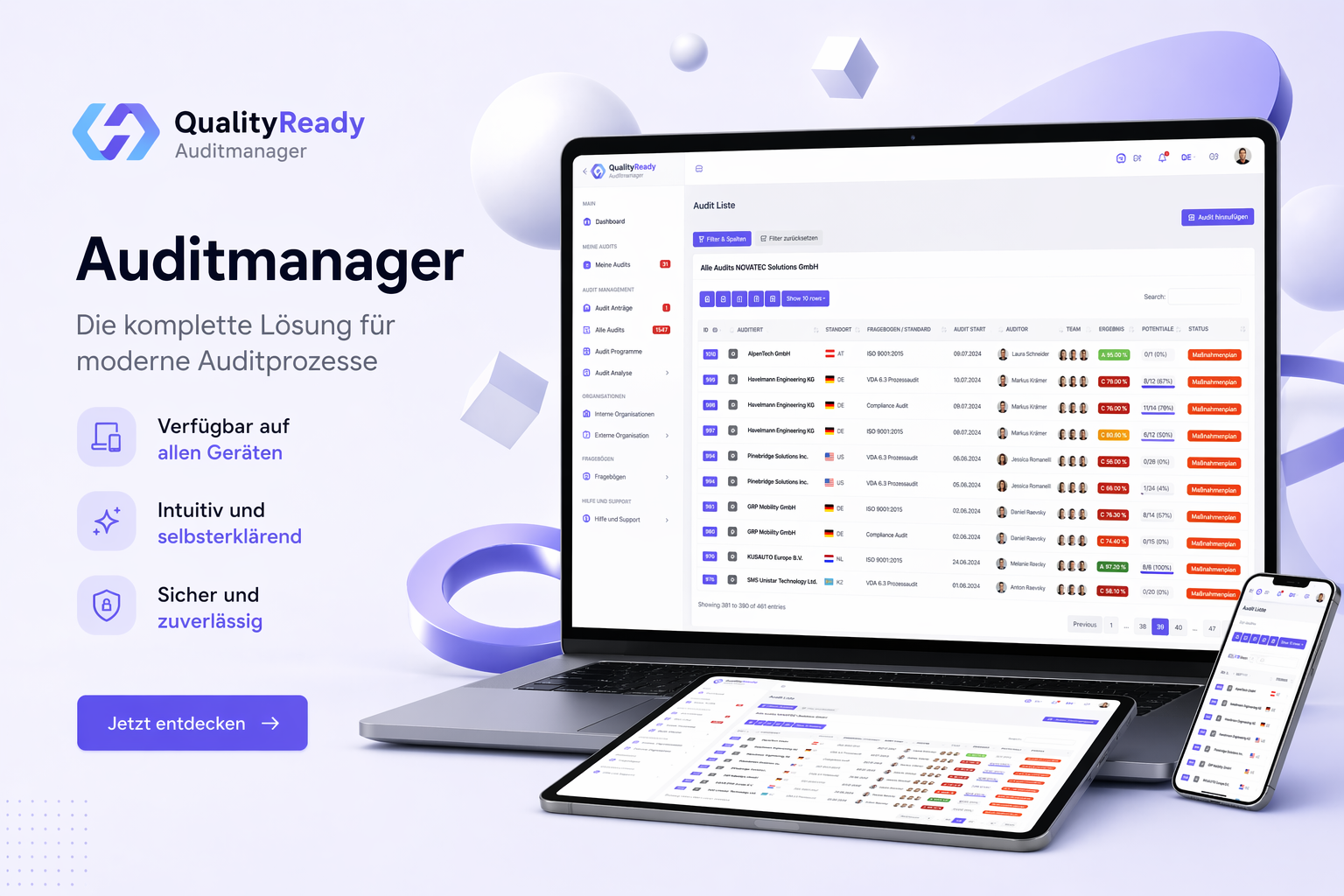 Audit Manager Software – Dashboard Mockup, Auditplanung und Maßnahmenübersicht